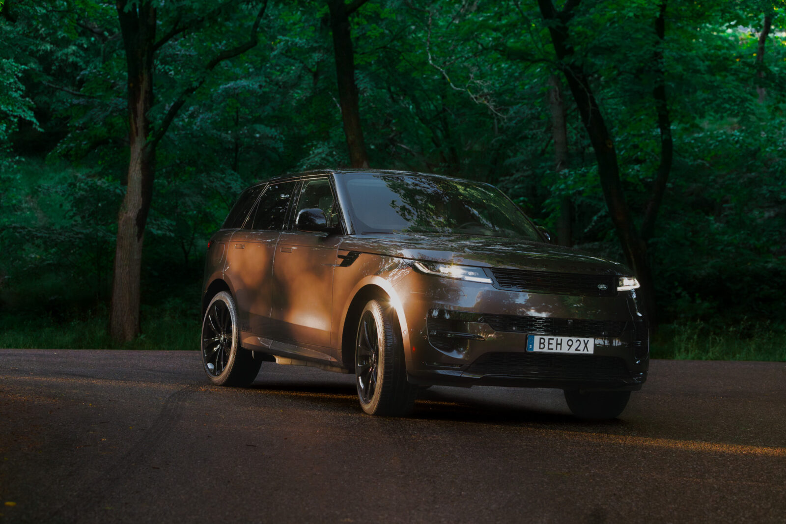 SUV parkerad på landsväg i skogsdunge, belyst av mjukt solljus.