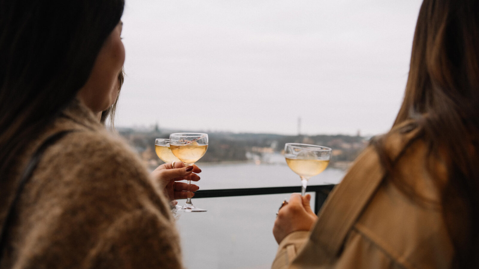 Två personer skålar med champagneglas mot bakgrund av sjöutsikt.